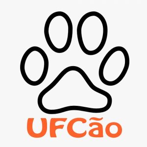Logomarca do Projeto UFCão. É o desenho de uma pegada de cachorro, em preto, com o nome UFCão embaixo, em laranja.