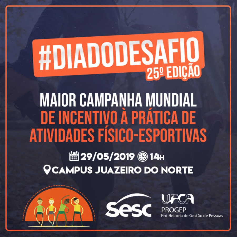 A 25ª edição do #DiaDoDesafio, campanha mundial de incentivo à prática de atividades físico-esportivas, ocorre nesta quarta-feira, 29 de maio. O evento é uma disputa entre cidades para estimular a adoção de hábitos saudáveis. Mais do que competição, a campanha surgiu buscando promover integração e cooperação. Na cidade de Juazeiro do Norte, o evento irá acontecer na Universidade Federal do Cariri (UFCA), pela parceria da Pró- Reitoria de Gestão de Pessoas (Progep/UFCA) com o Sesc Cariri. A atividade terá início às 14h e irá oferecer práticas esportivas, como alongamento e ginástica laboral, dinâmicas de grupo e sorteio de brindes.