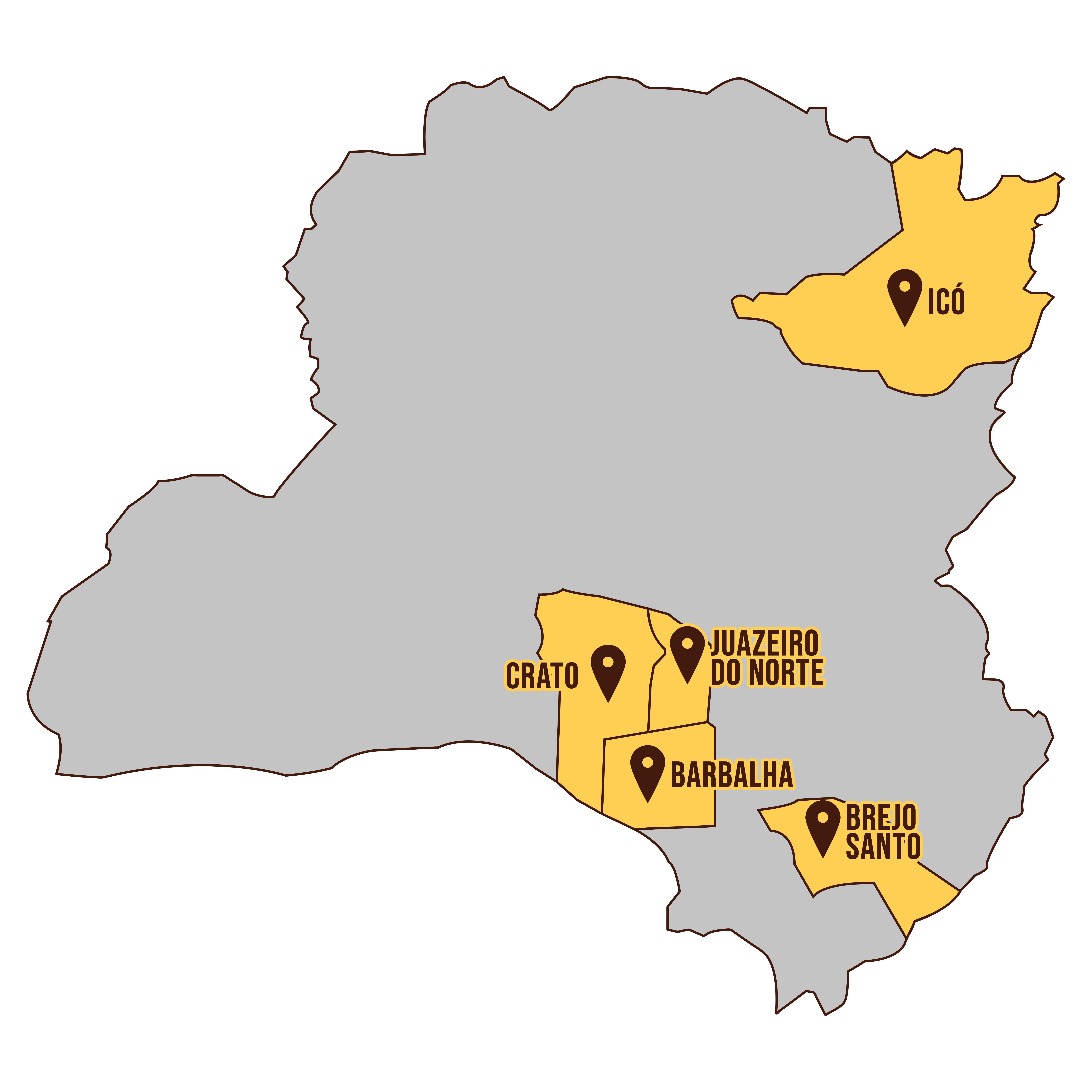 Mapa da macrorregião do Cariri/Centro-Sul cearense, com destaque para as cidades de Juazeiro do Norte, Crato, Barbalha, Brejo Santo e Icó