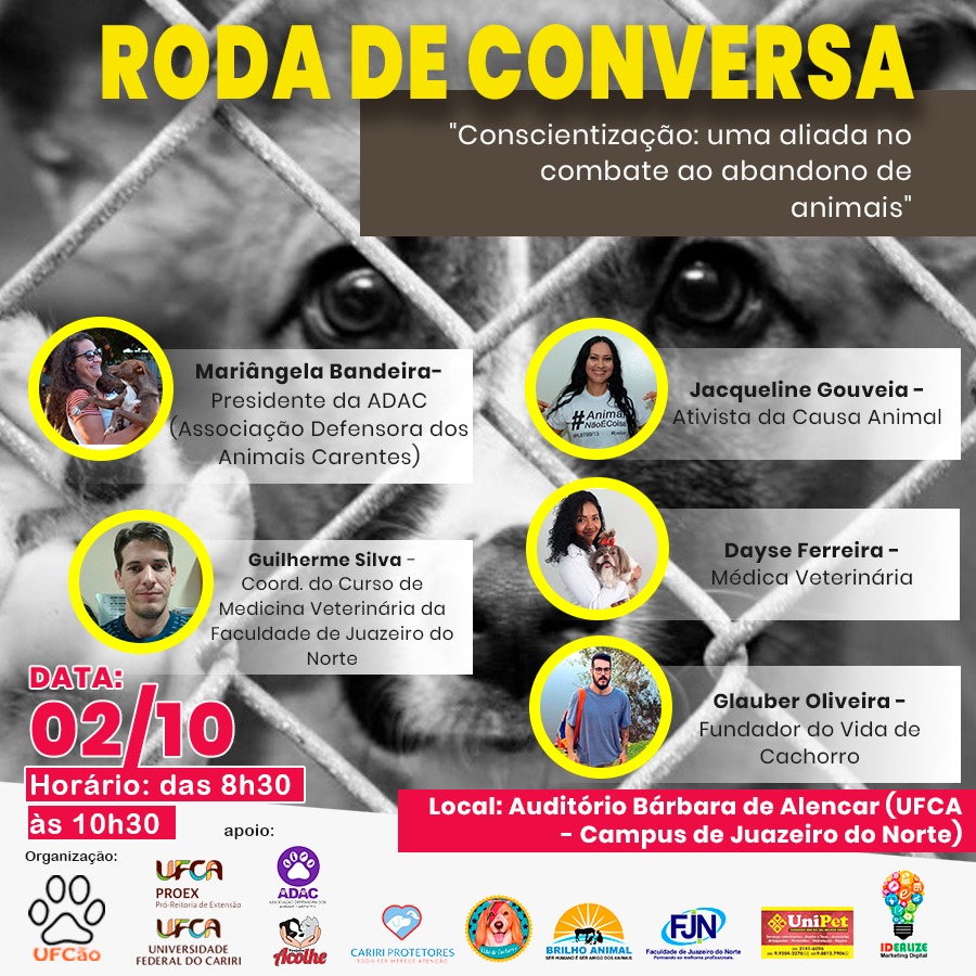 Cartaz da roda de conversa, com imagem de um cão ao fundo e à frente as fotos dos convidados do evento.