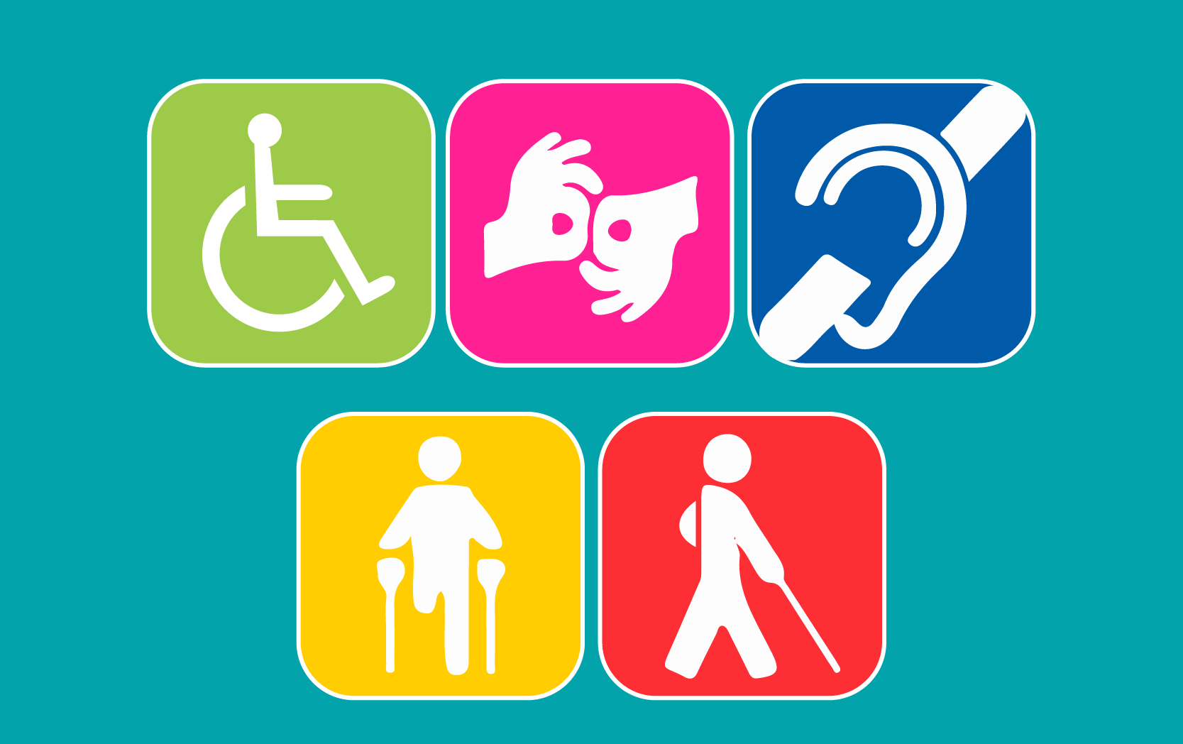 Imagem com fundo azul onde aparecem ícones que representam cada tipo de deficiência.