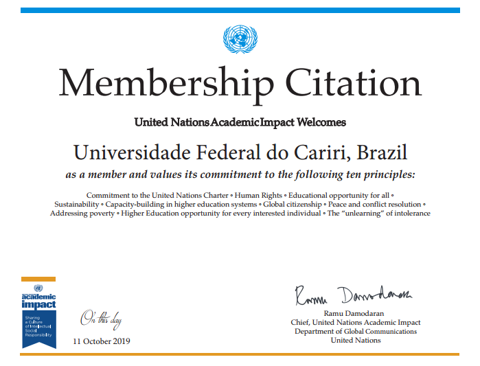 Certificado que atesta ingresso da UFCA na Iniciativa de Impacto Acadêmico da ONU